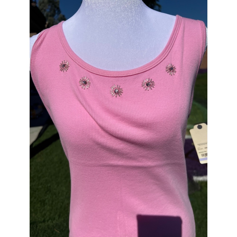 St. John's Bay Pink Ribbed Tank Top Rhinestone Embellished Petite Medium NWT
